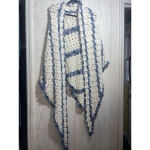 Vtg Handmade Crochet White Multi Knit Afghan Poncho Shawl Cape Scallop Edge Boho